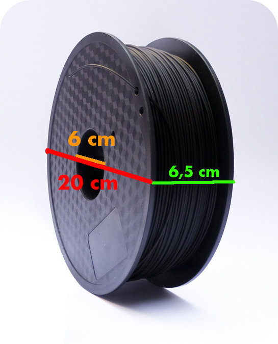 Rollo de filamento pla print3x printex printec print3c con las dimensiones de sus diámetro externo, diámetro interno y ancho